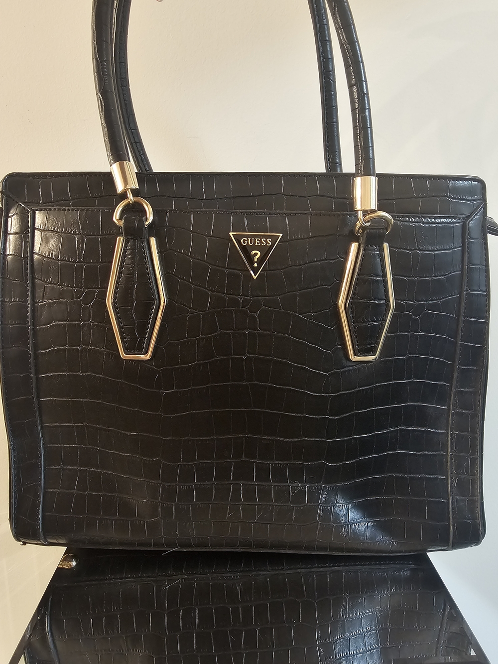 GUESS Black Croc-Embossed Tote with Gold Hardware